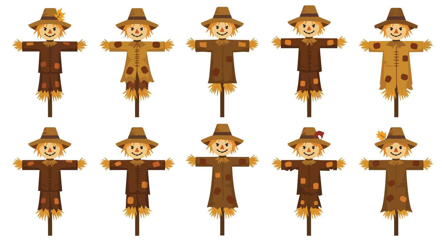 Scarecrow Characters in Various Outfits and Styles in Flat Art vector