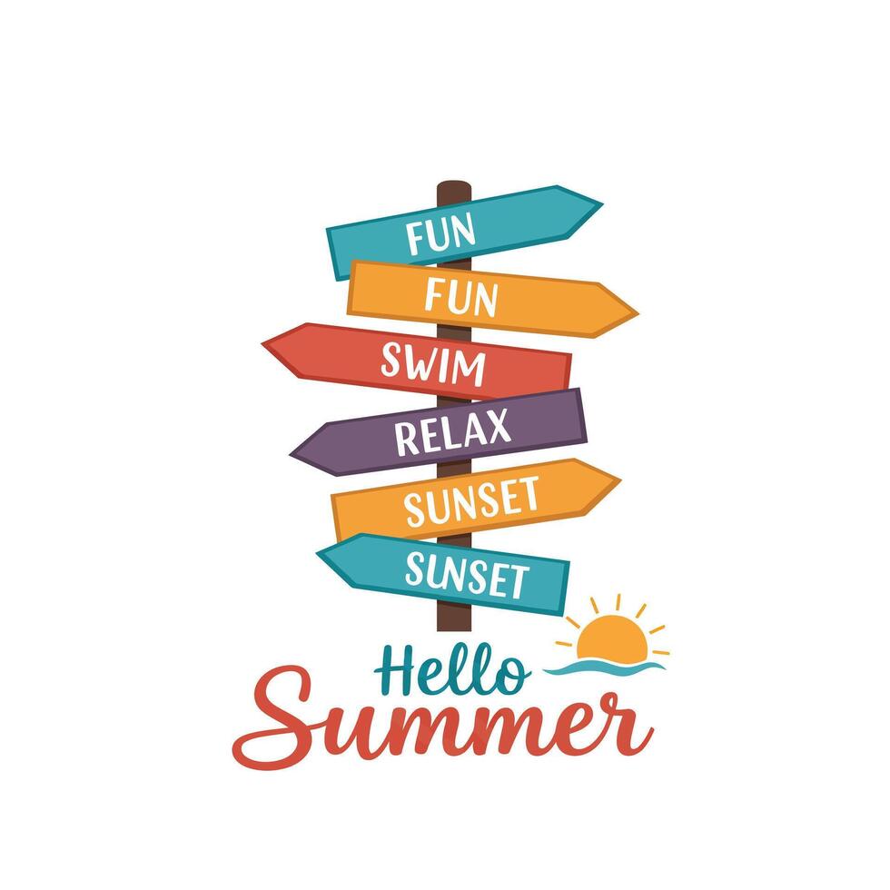 Colorful summer signpost with fun activities and cheerful greetings for the season vector