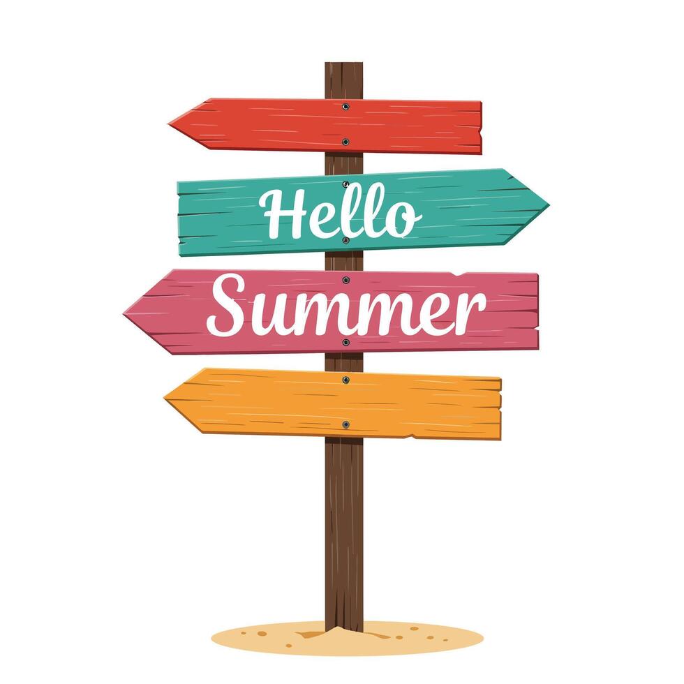 Colorful wooden signpost displaying greetings for summer with directional arrows vector