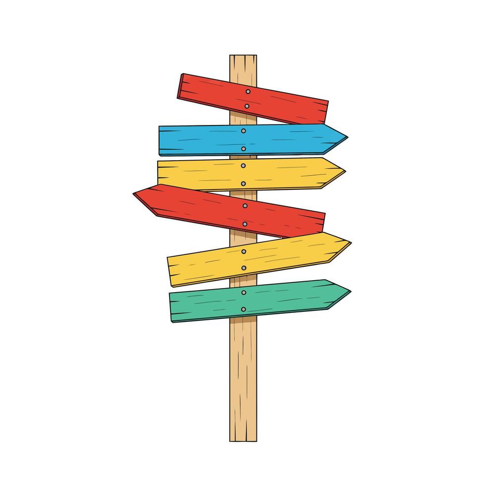 Colorful wooden signpost with multiple directional arrows pointing in various directions vector