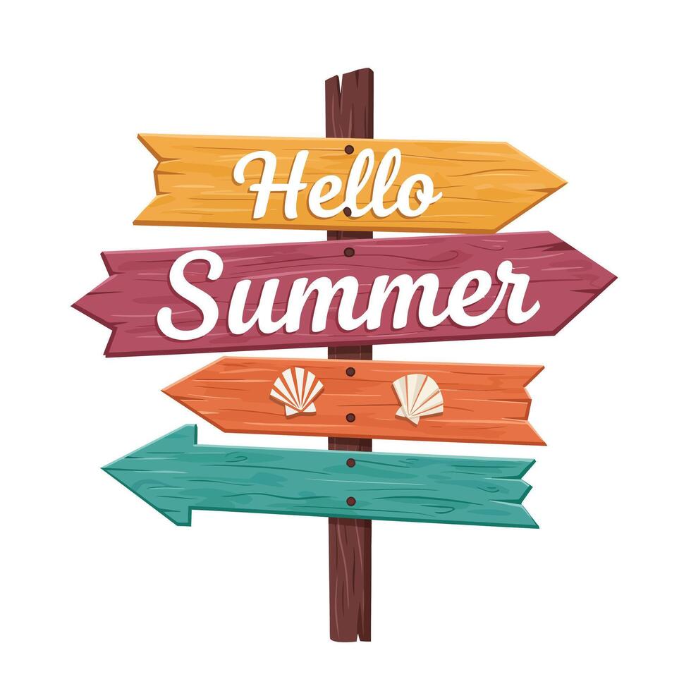 Colorful wooden signpost with summer greetings and decorative shells displayed prominently vector