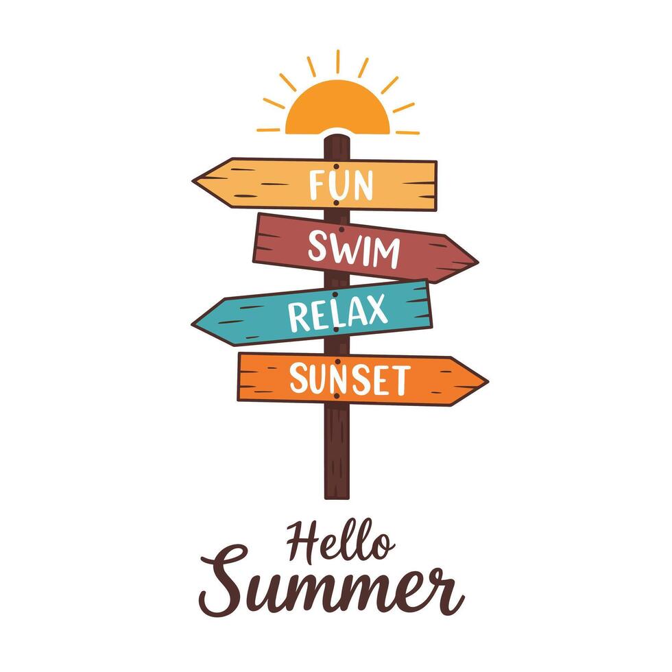 Colorful summer signpost with directions for fun, swim, relax, and sunset activities vector