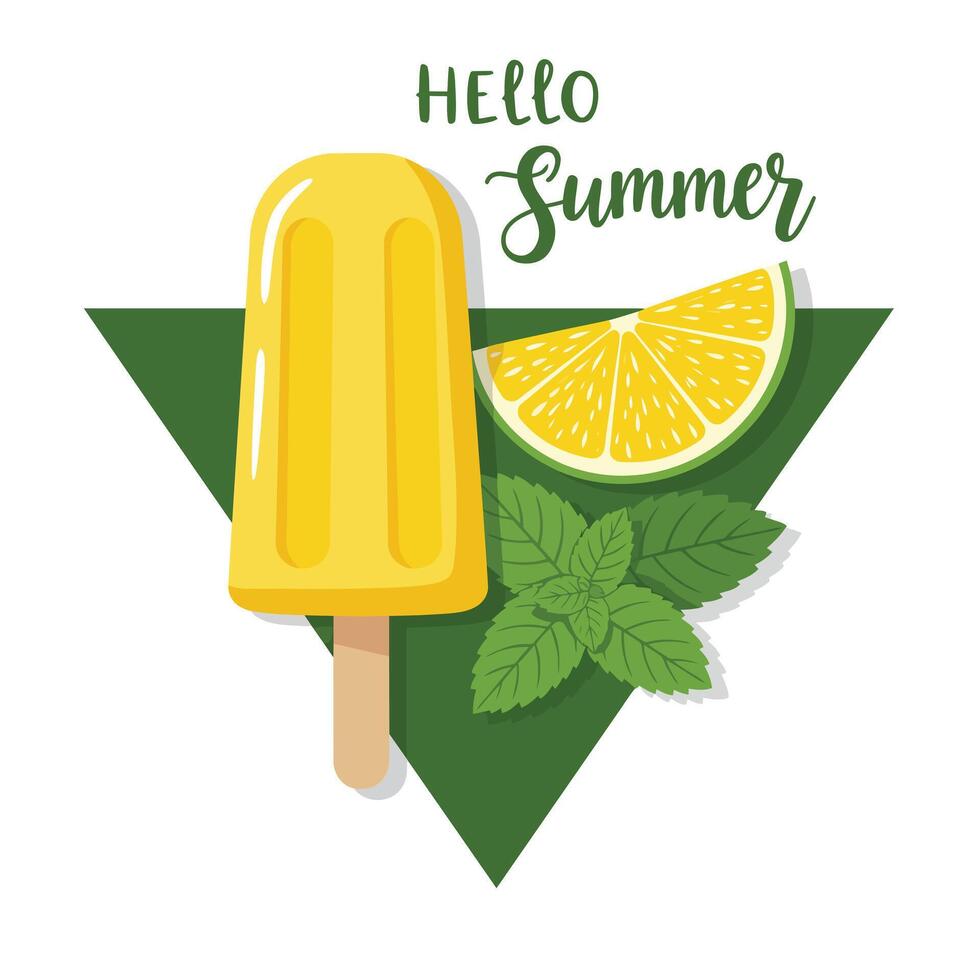 Bright yellow popsicle with lime and mint leaves on green triangle background vector