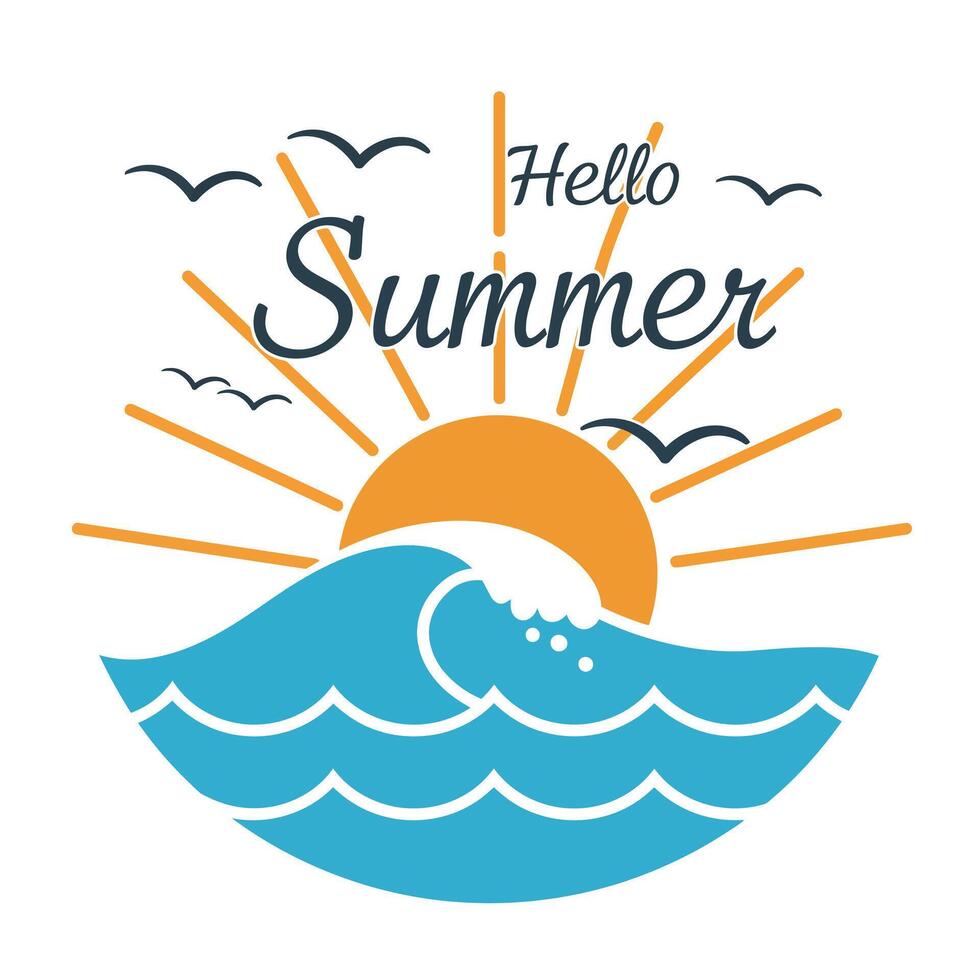 Vibrant summer design featuring sun, waves, and birds in a cheerful composition vector