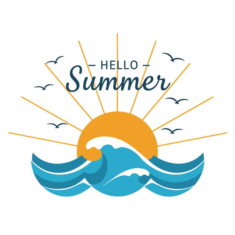 Vibrant summer logo with sun, waves, and cheerful typography design elements vector