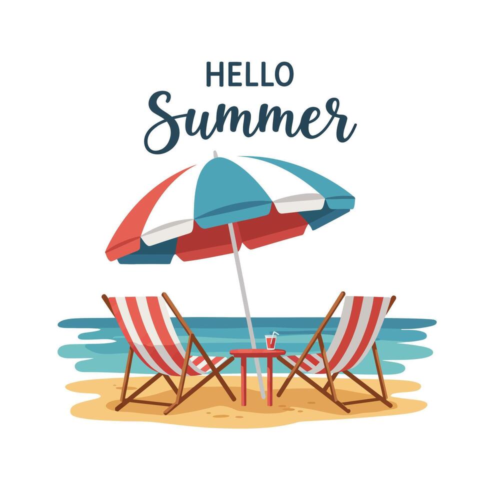Beach scene with chairs, umbrella, and refreshing drink for summer relaxation vector