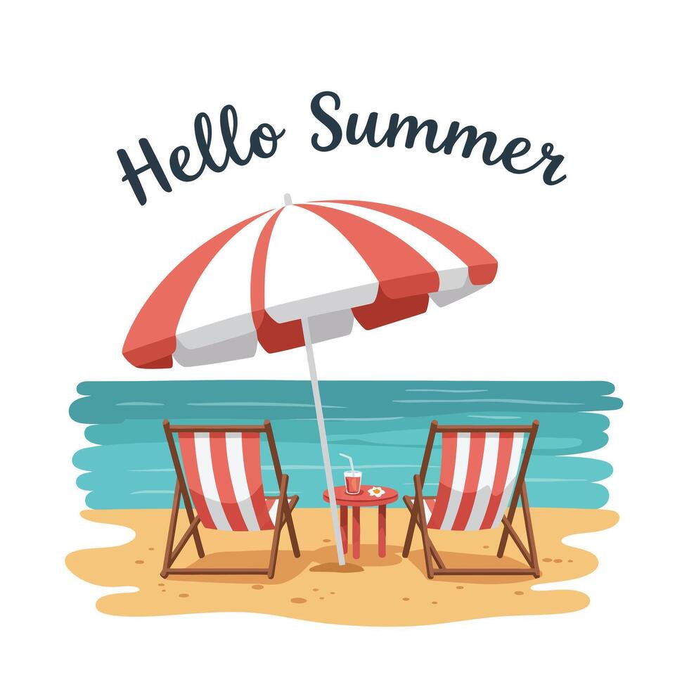Two beach chairs under a striped umbrella with ocean view and summer vibes vector