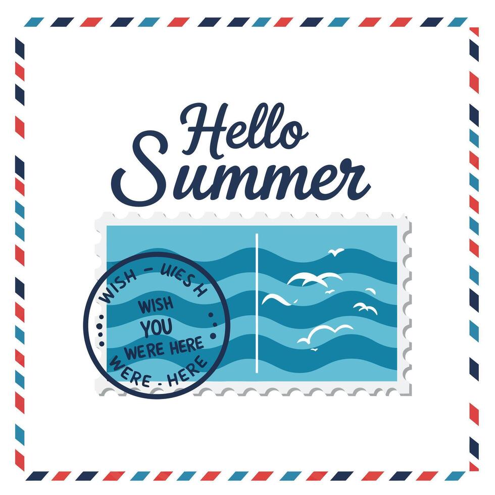Summer themed postcard design featuring waves and birds with vibrant colors vector