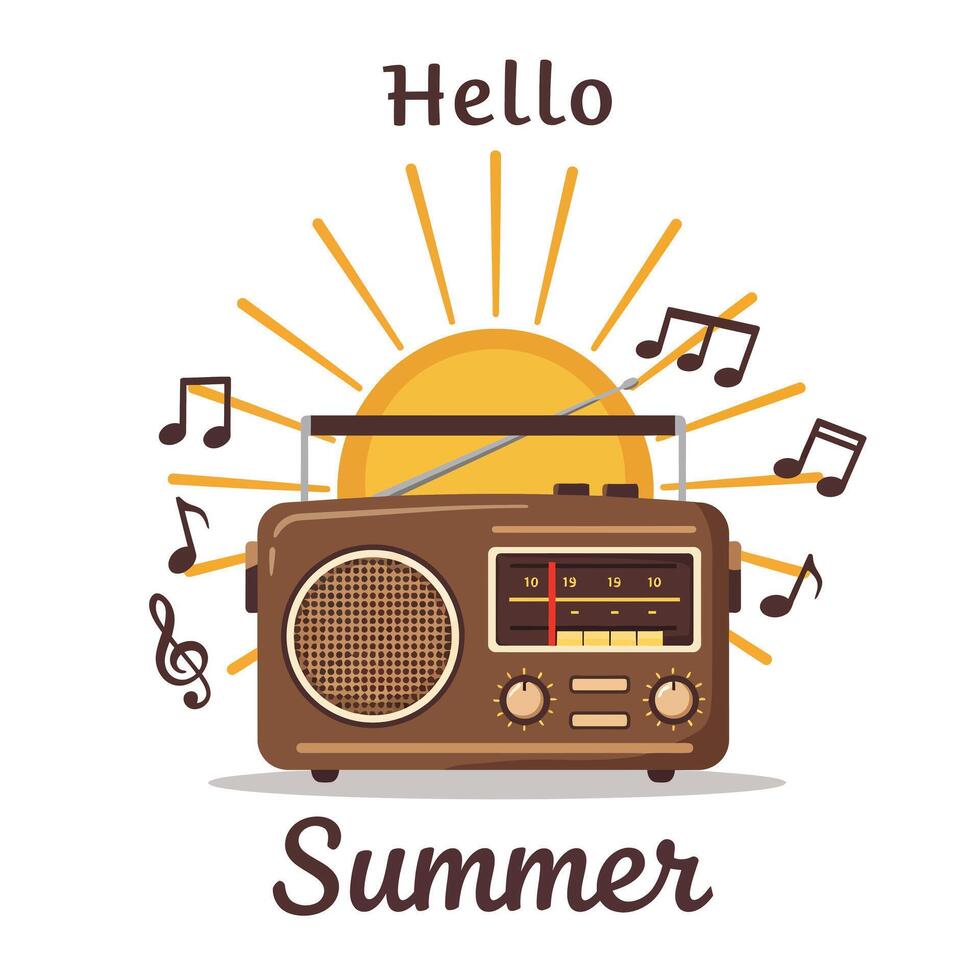 Vintage radio with sun and musical notes representing summer vibes and warmth vector