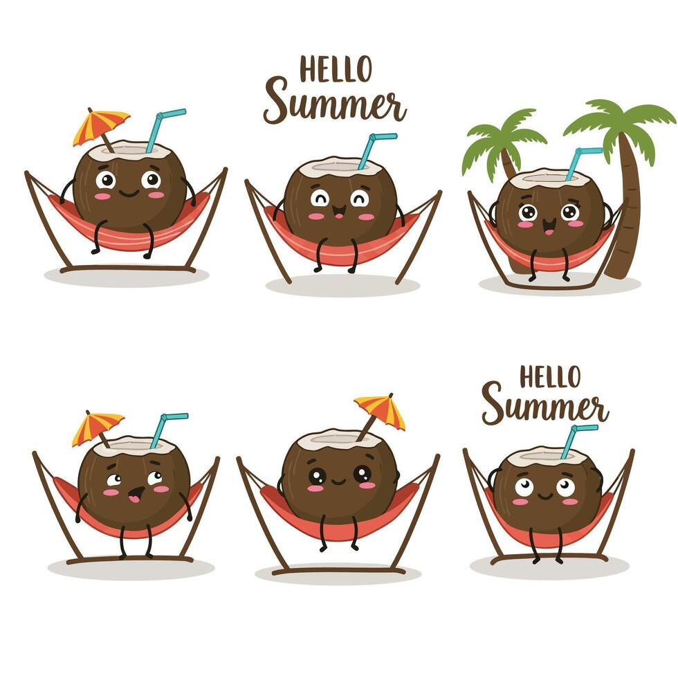 Cute cartoon coconut characters relaxing with summer vibes and tropical elements vector