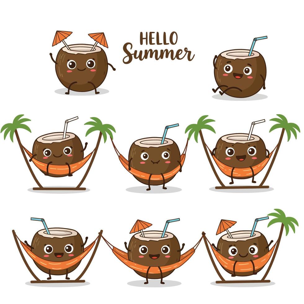 Fun cartoon coconuts enjoying summer with hammocks and tropical vibes vector