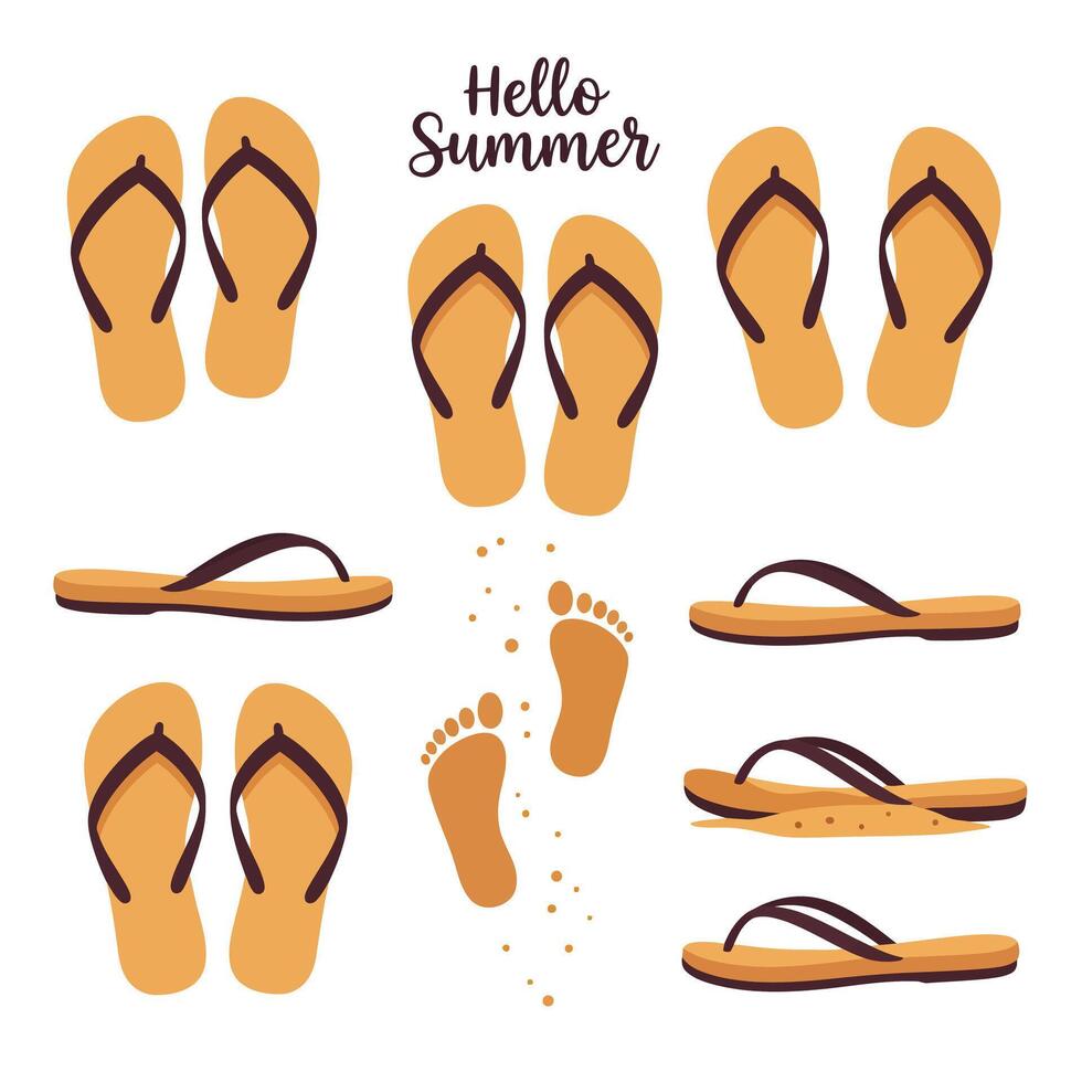 Colorful summer flip flops arranged with footprints and vibrant text overlay vector