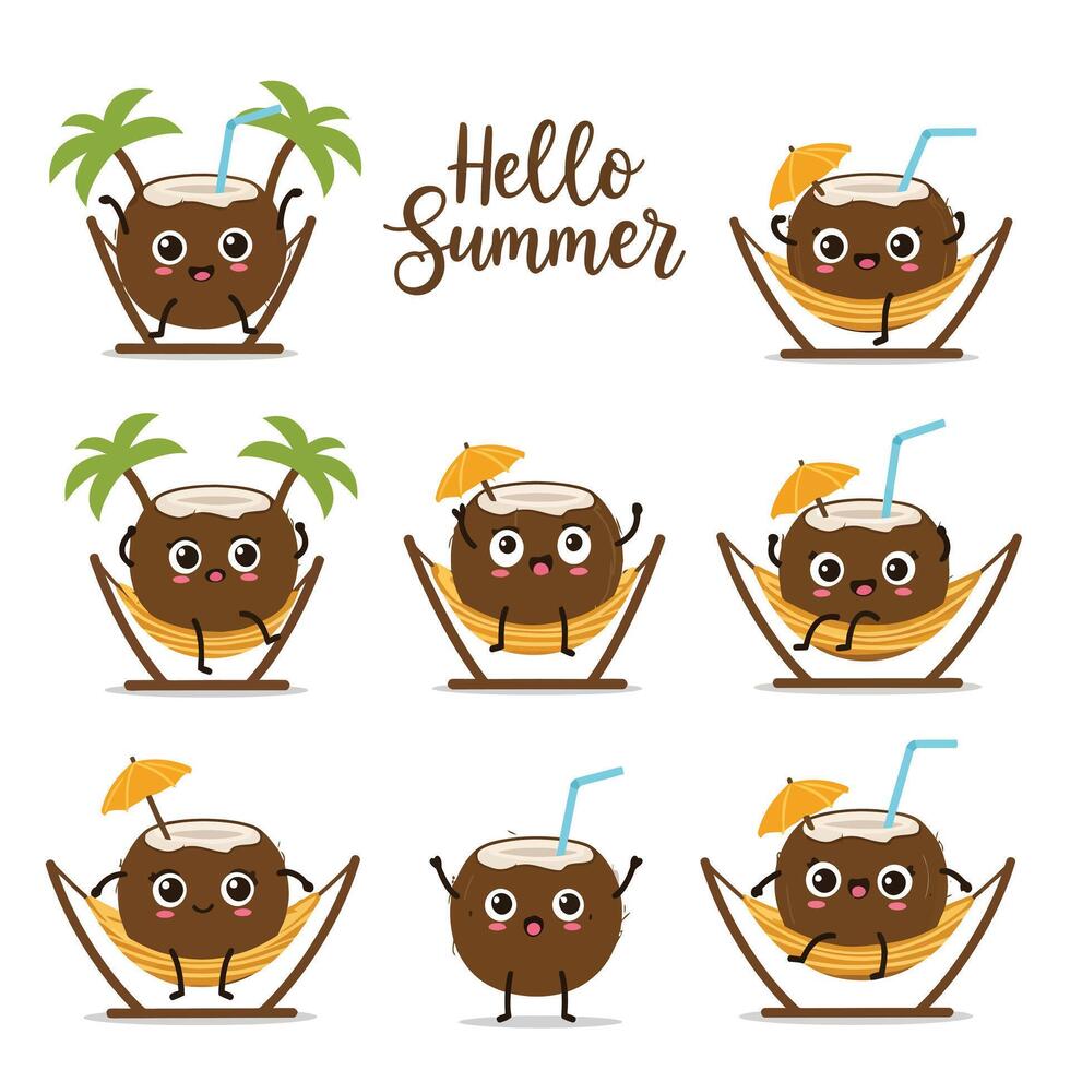 Playful cartoon coconuts enjoying summer with bright colors and tropical elements vector