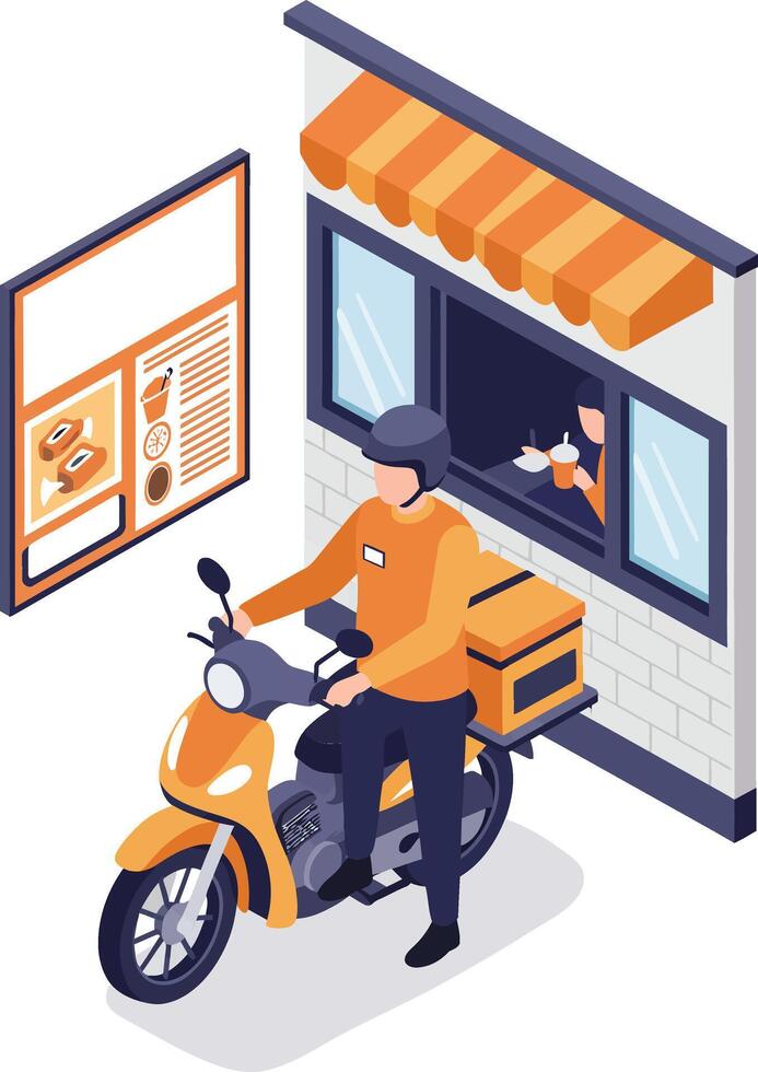 Delivery rider at a food window preparing for a quick service order vector