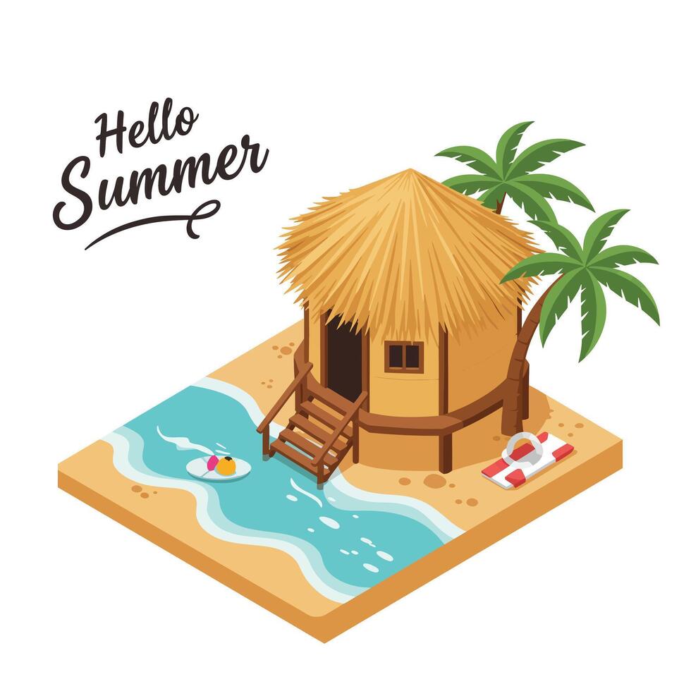 Island hut with palm trees and swimming pool in tropical summer setting vector