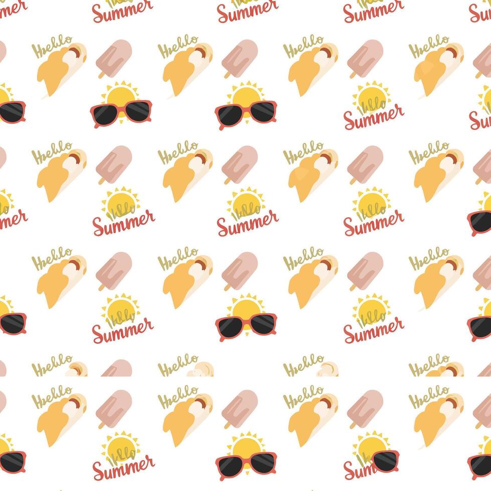 Colorful summer-themed pattern with ice cream, sunglasses, and sunshine elements vector