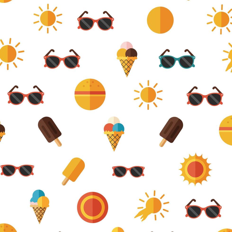 Colorful summer pattern with ice cream, sunglasses, and sun elements vector