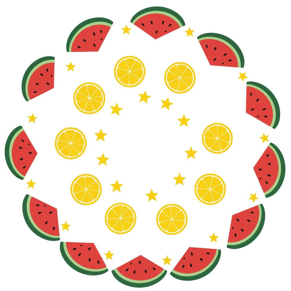 Circular pattern featuring watermelon, lemon slices, and stars in vibrant colors vector