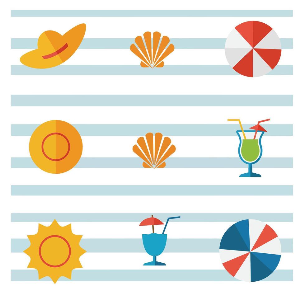 Colorful beach-themed icons arranged in a playful striped pattern on a light background vector