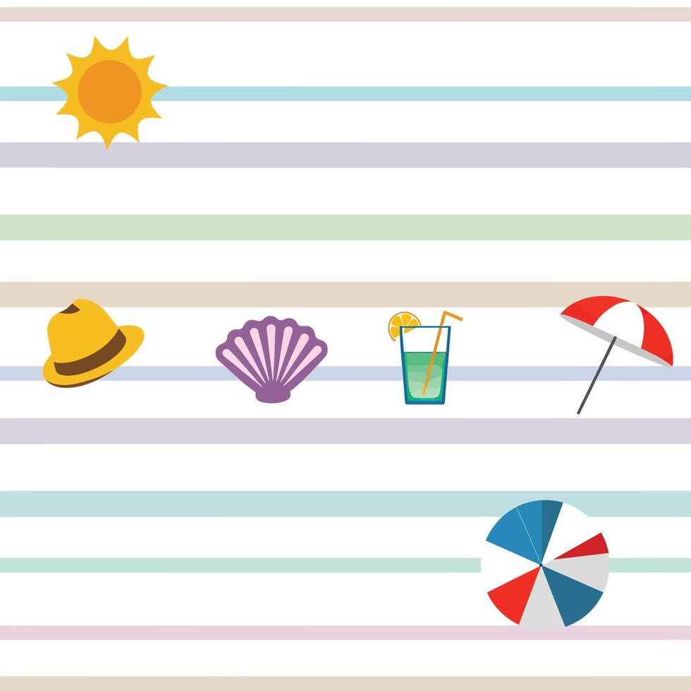 Summer themed icons including sun, drink, shell, hat, and beach umbrella vector