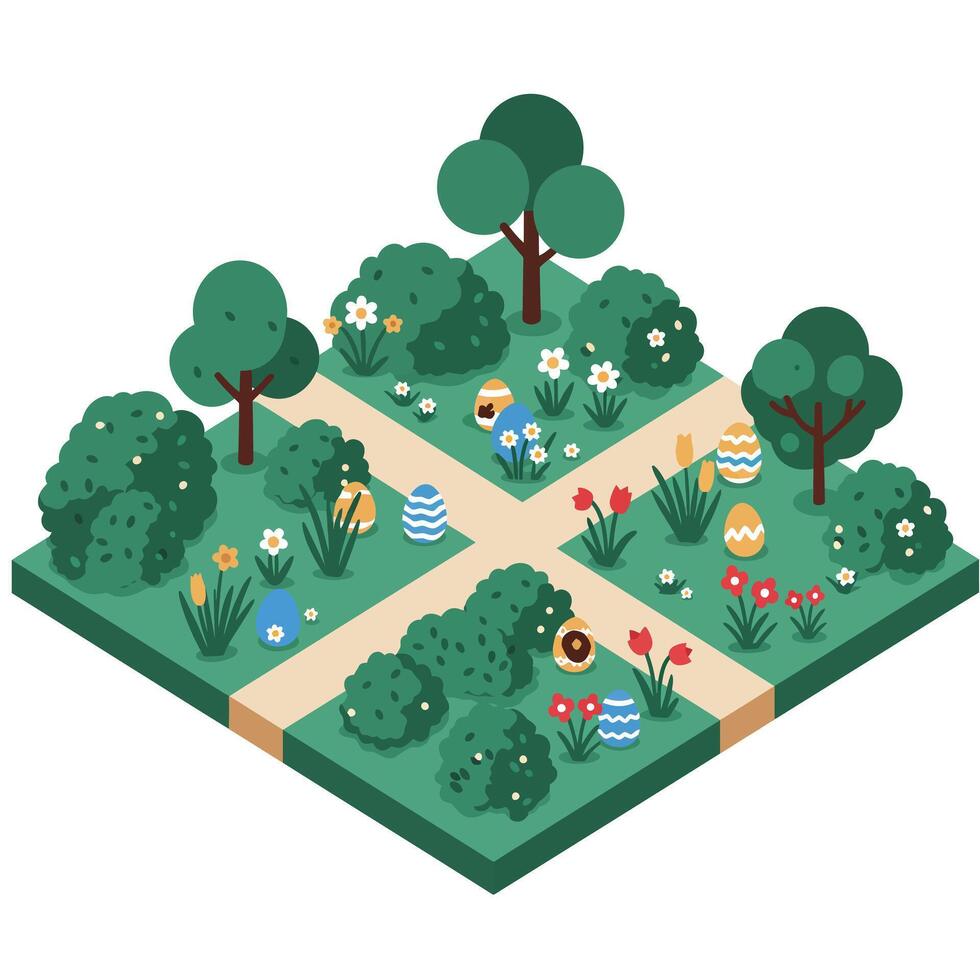 Colorful garden with trees, flowers, and decorative eggs in a symmetrical layout vector