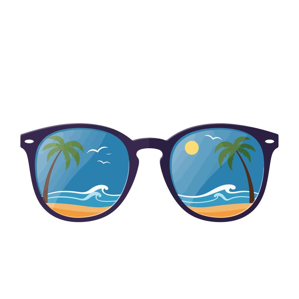 Stylish sunglasses reflecting a vibrant beach scene with palm trees and ocean waves vector