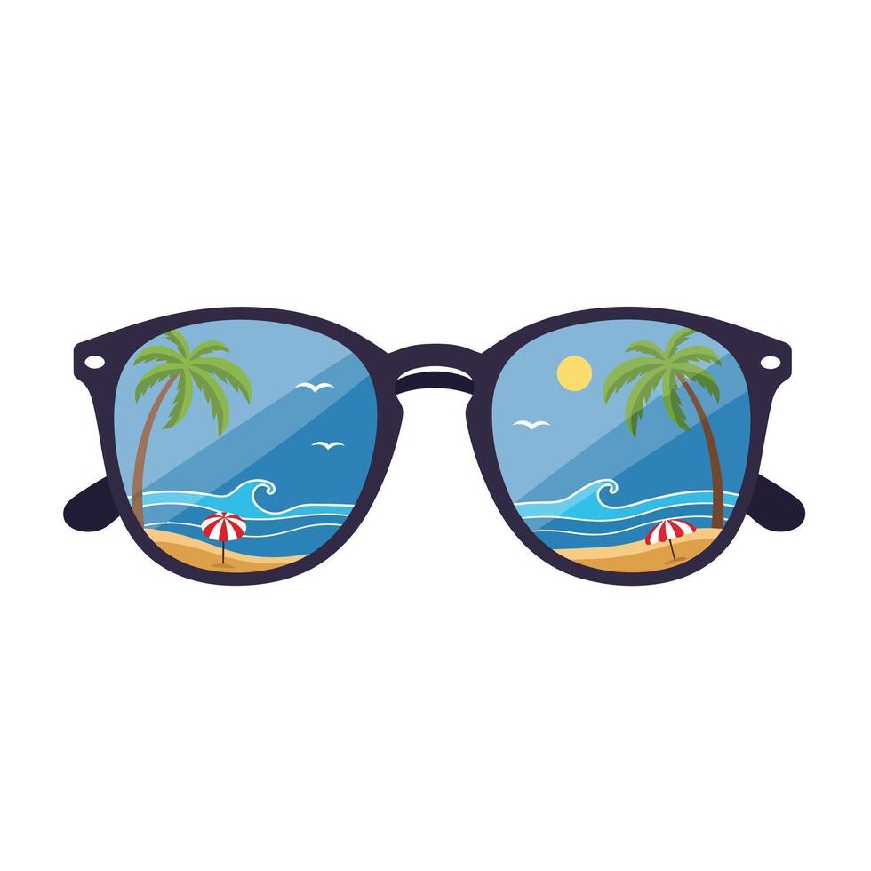 Sunglasses reflecting a tropical beach scene with palm trees and waves vector