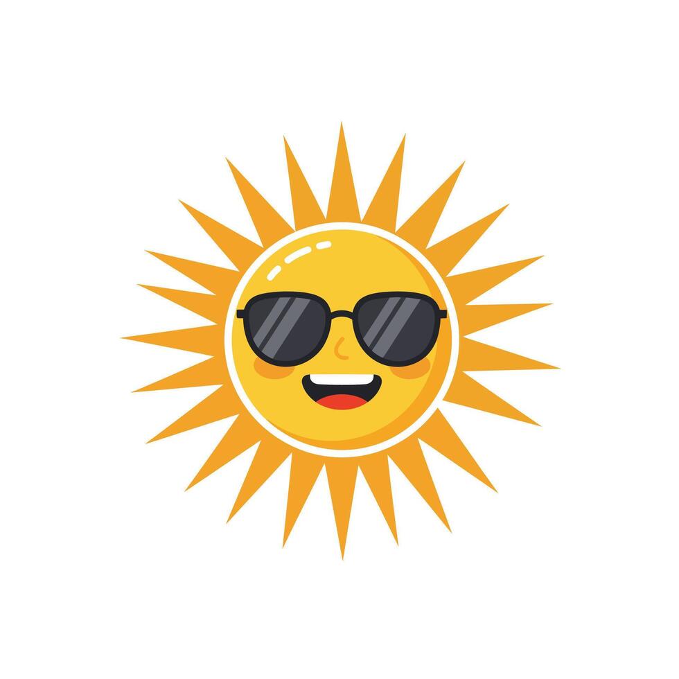 Cheerful cartoon sun wearing sunglasses with bright rays shining around it vector