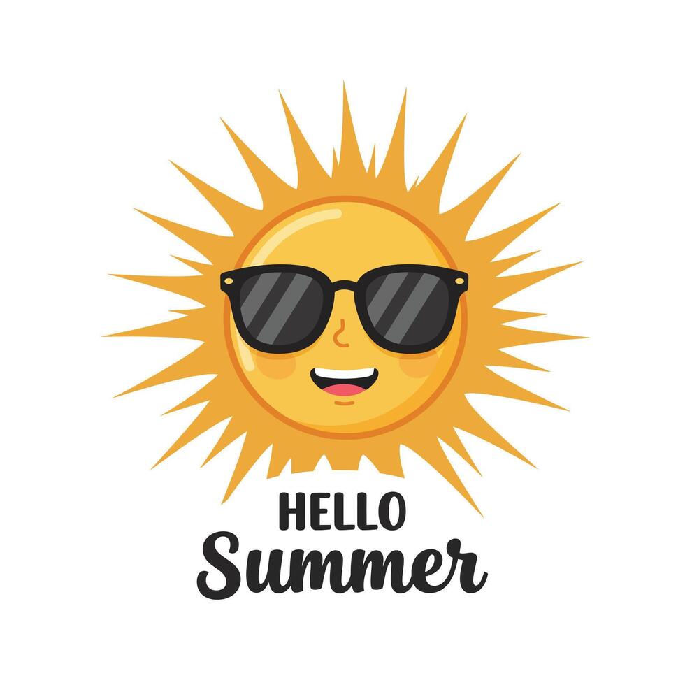 Bright smiling sun wearing sunglasses with cheerful text for summer season vector