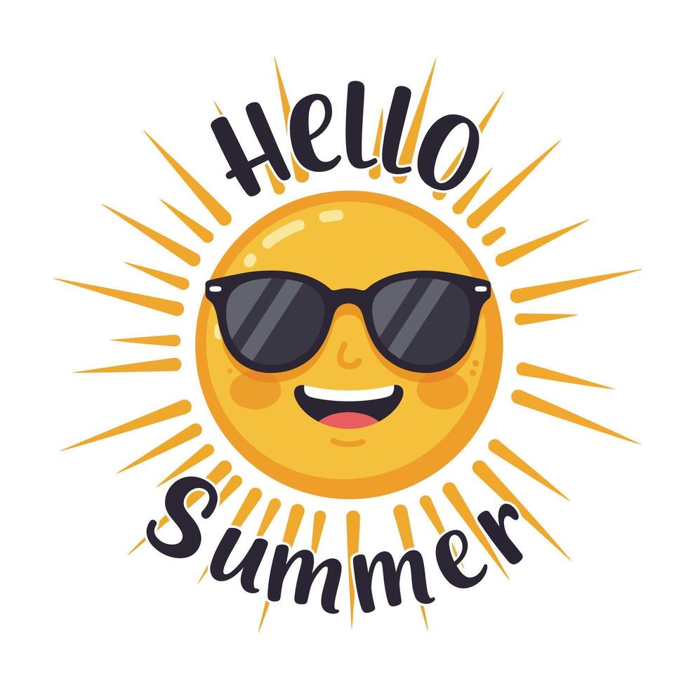 Cheerful sun wearing sunglasses with rays and summer greeting text design vector