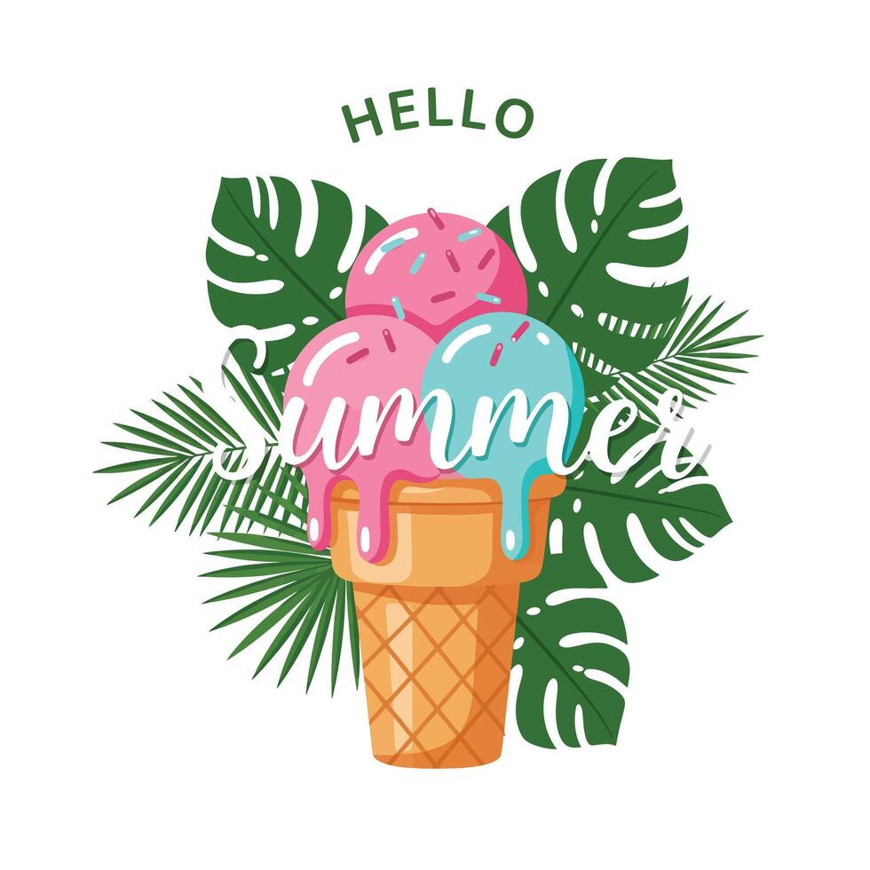 Colorful ice cream cone with tropical leaves and summer greeting design art vector