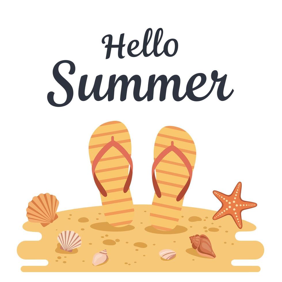 Bright summer scene with flip flops, shells, and starfish on sandy beach vector