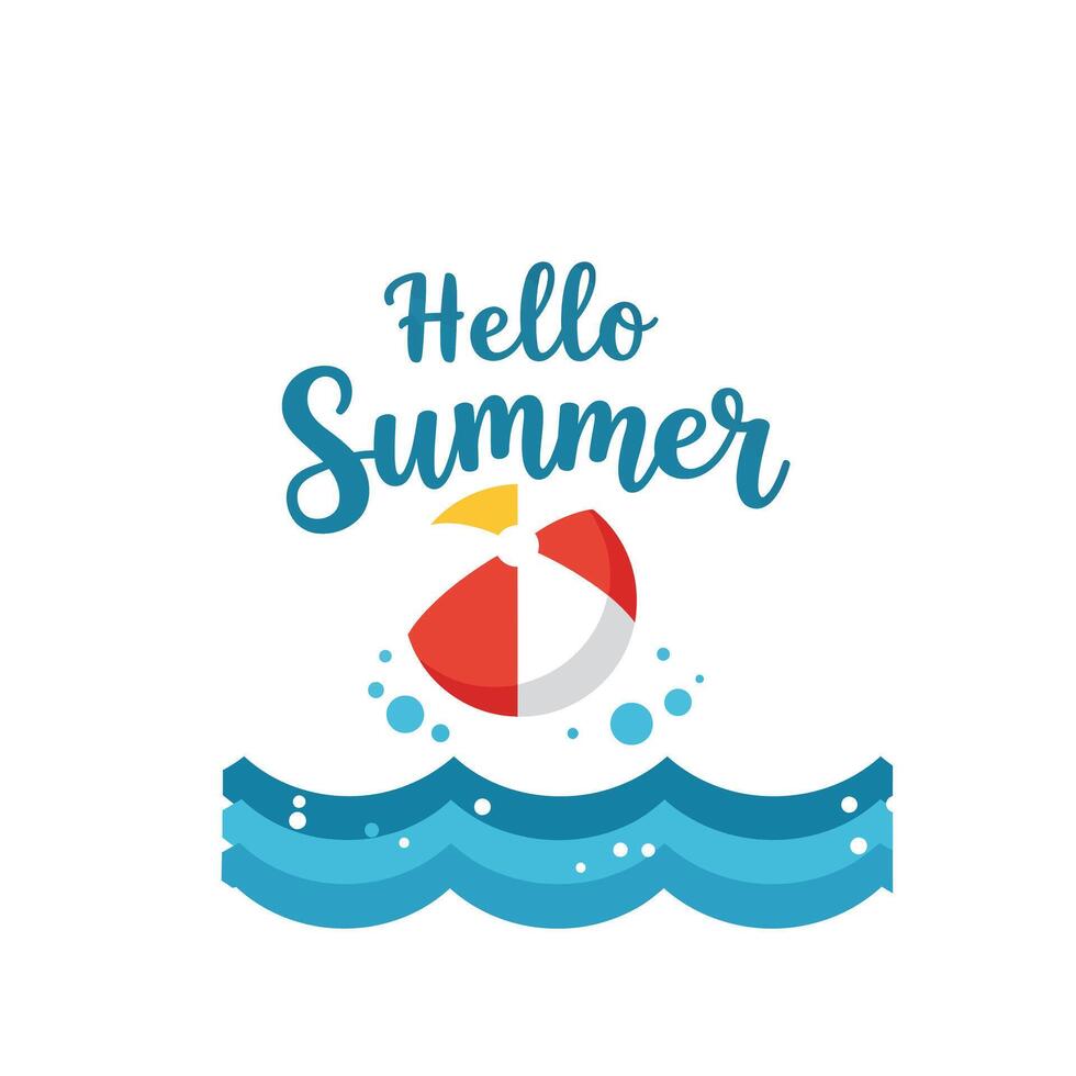 Colorful beach ball floating above waves with cheerful summer greeting text vector
