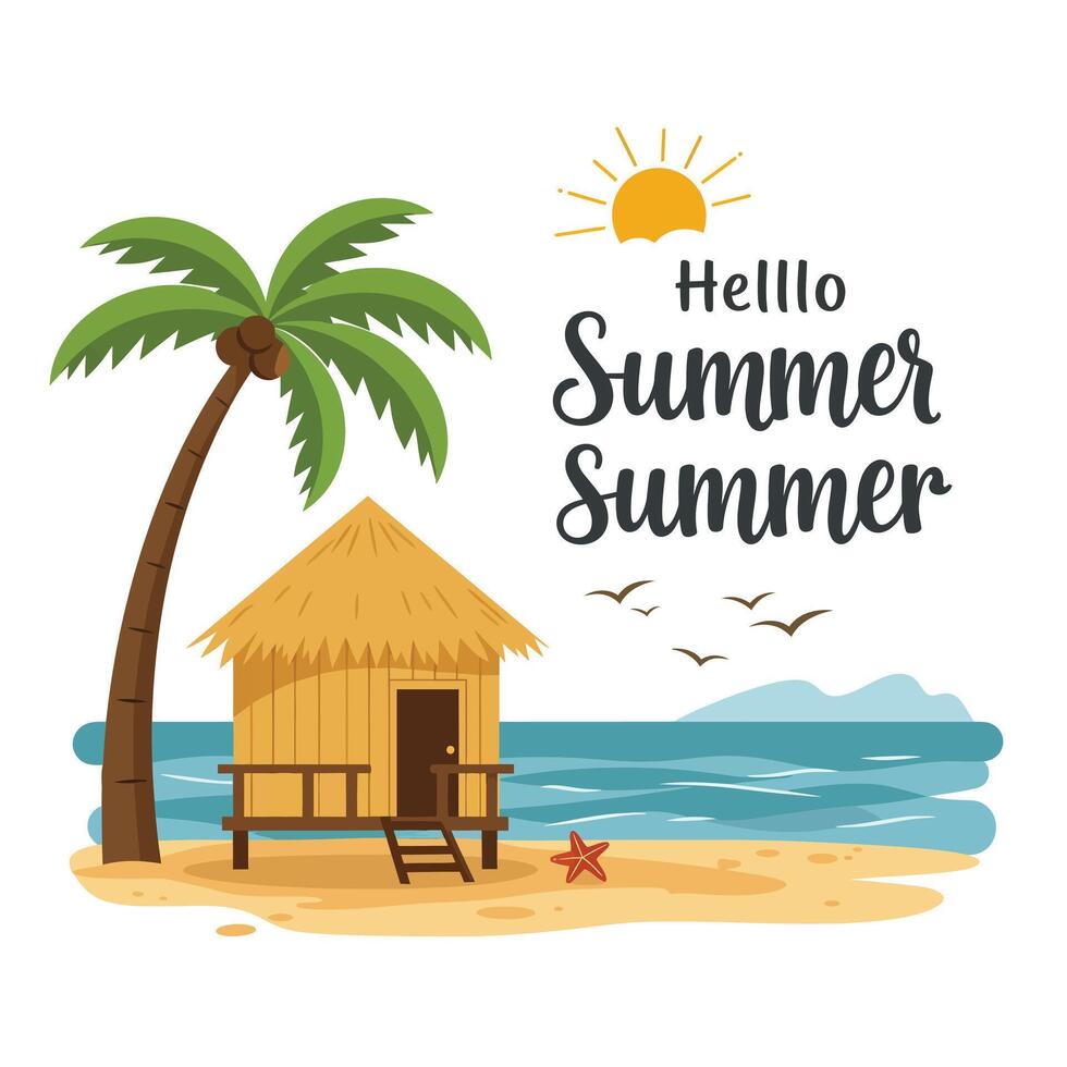 Tropical beach scene with palm tree, hut, sun, and ocean waves in summer setting vector