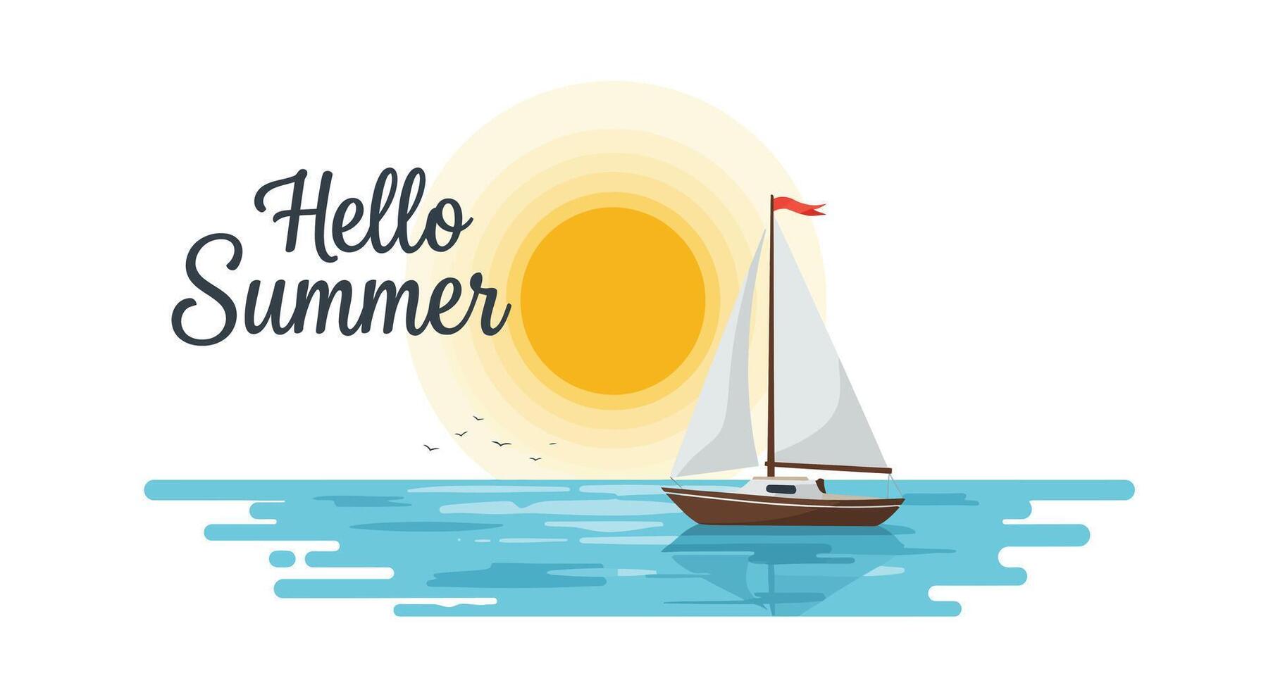 Sailboat on tranquil water with sun and summer greeting illustration vector