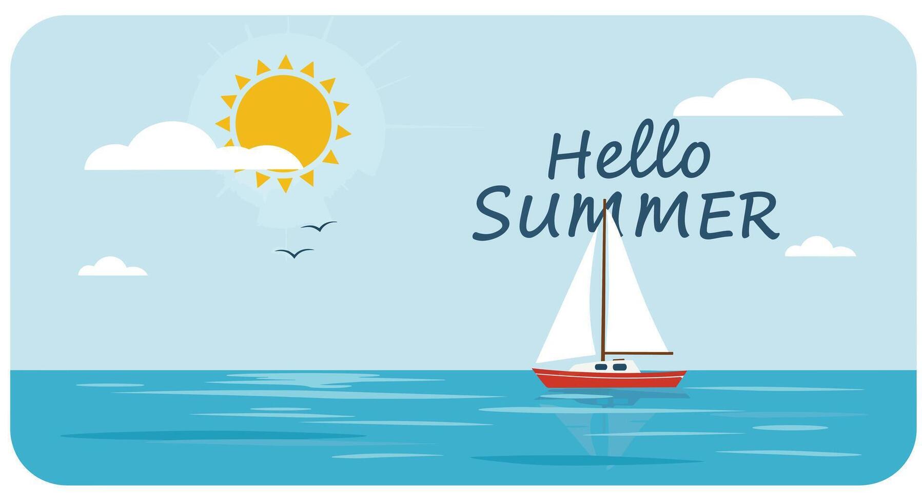 Bright summer scene with sailboat, sun, clouds, and ocean waves in a cheerful design vector