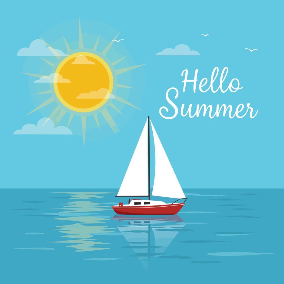 Colorful sailboat on calm waters with a bright sun and summer greeting vector