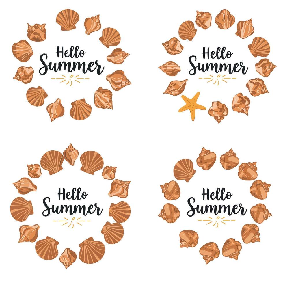 Summer-themed graphic with seashells and starfish in circular arrangement with text vector