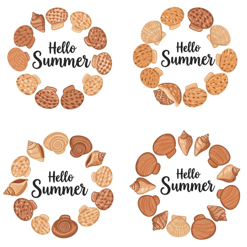 Summer-themed circular arrangement of various cookies and seashells with text vector