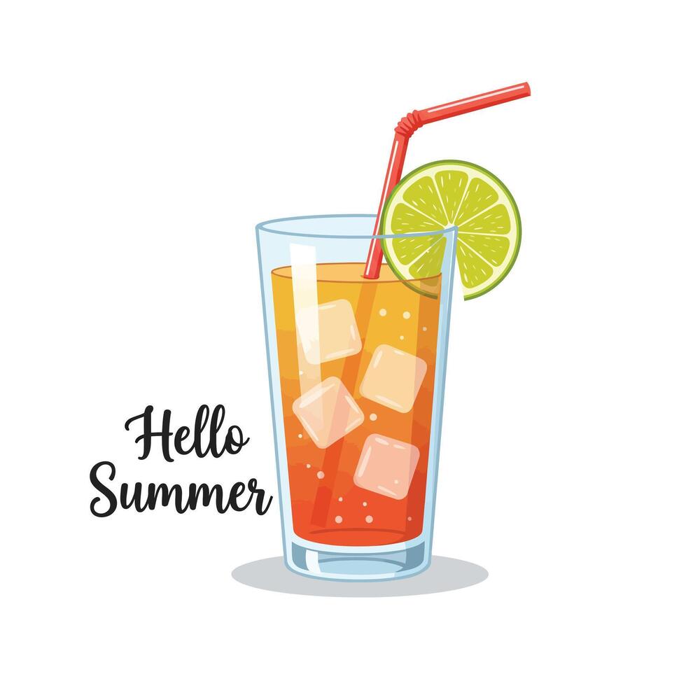 Refreshing summer drink with ice, lime, and a straw in a glass vector