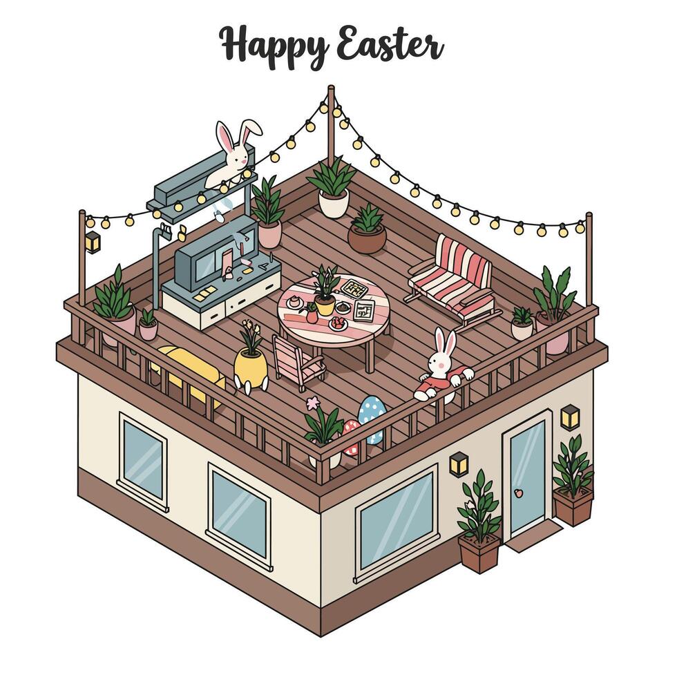 Cozy rooftop Easter celebration scene with flat design style illustration vector