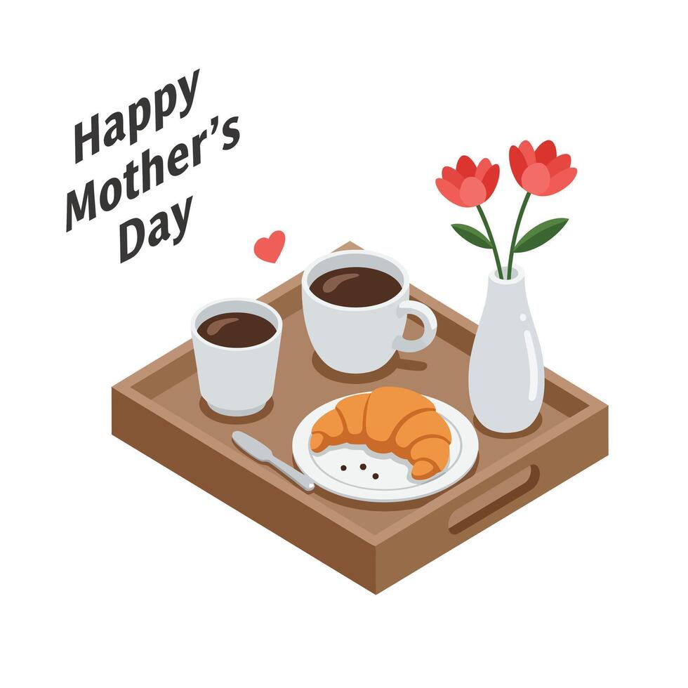 Breakfast tray with coffee, croissant, flowers in minimal flat art vector