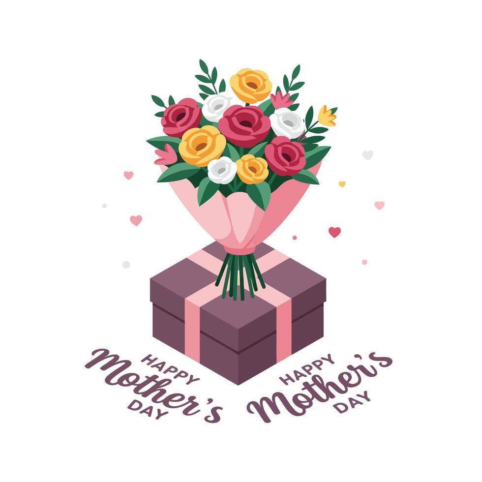 Flower bouquet with gift box design in flat style for Mothers Day art vector
