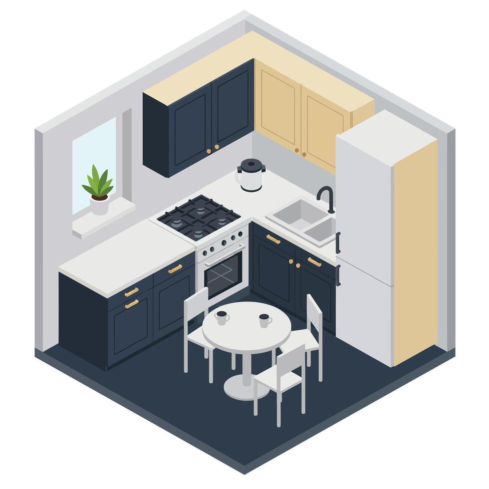 Modern kitchen design with minimalist style showcasing flat art and detailed elements in illustration vector