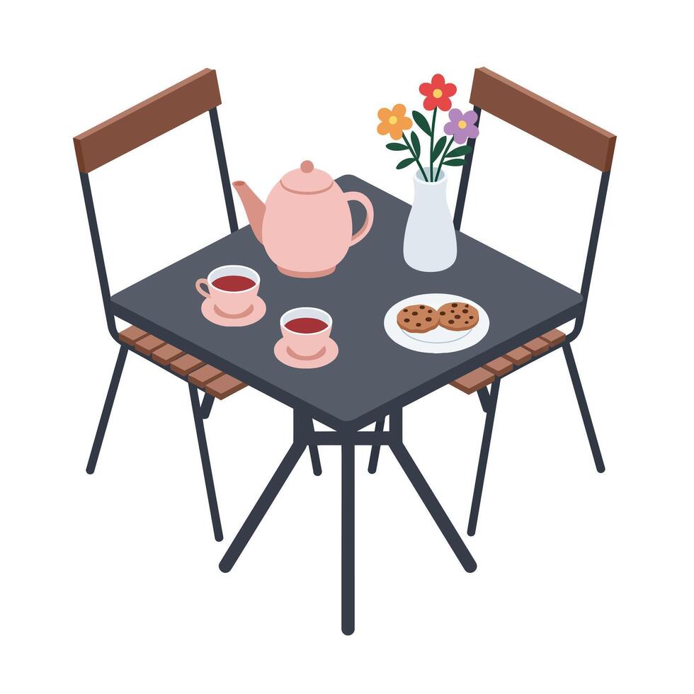 Cozy tea table setting with cookies and flowers in flat art vector