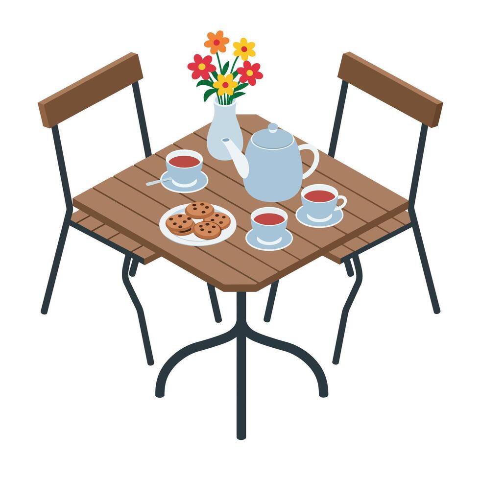 Cozy outdoor cafe table setting with tea and cookies in flat art vector
