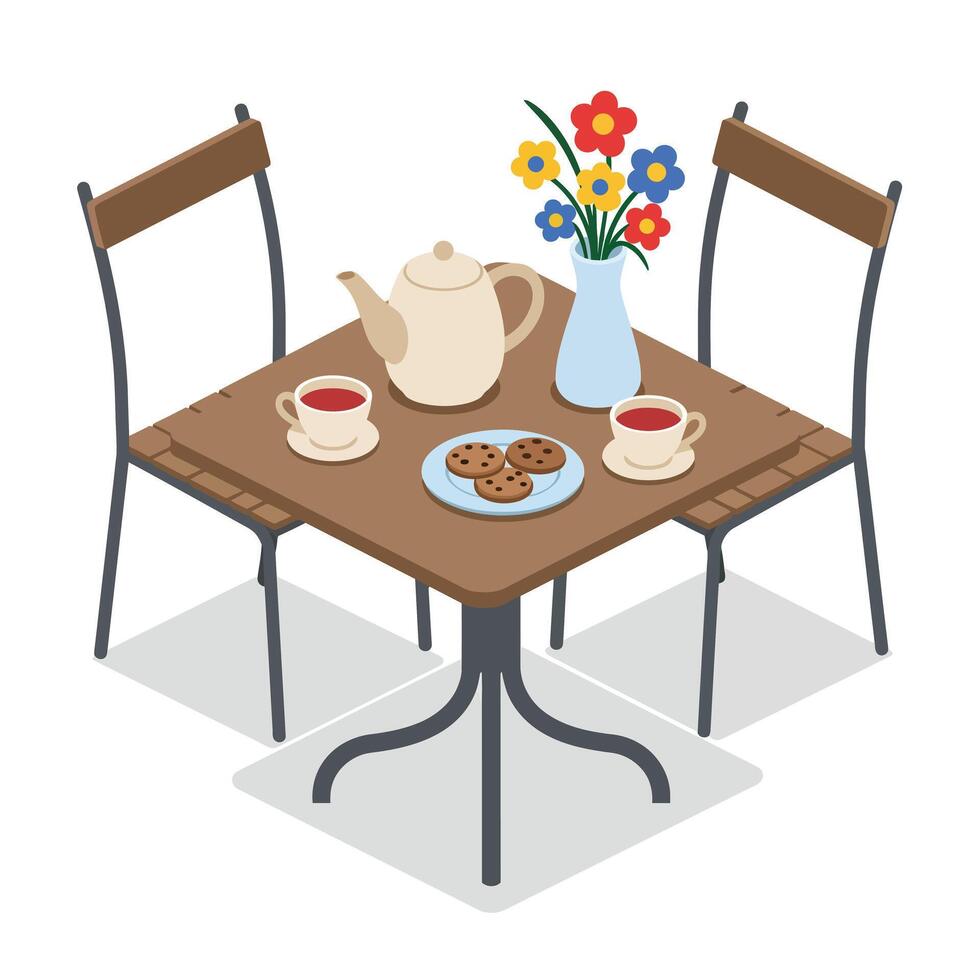 Cozy tea setup with cookies on wooden table in flat art vector