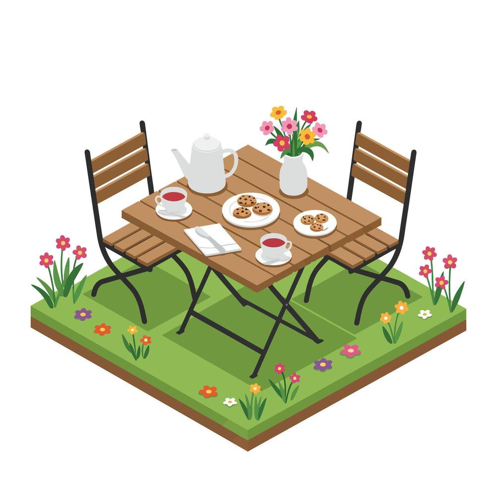 Cozy outdoor dining setup with cookies and flowers in minimal art vector