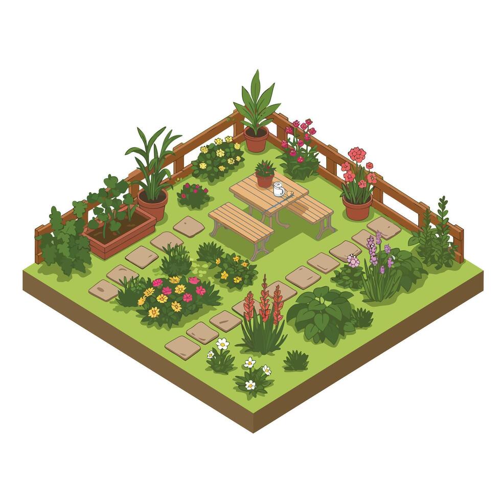 Detailed garden scene with greenery, flowers, and seating in flat art vector