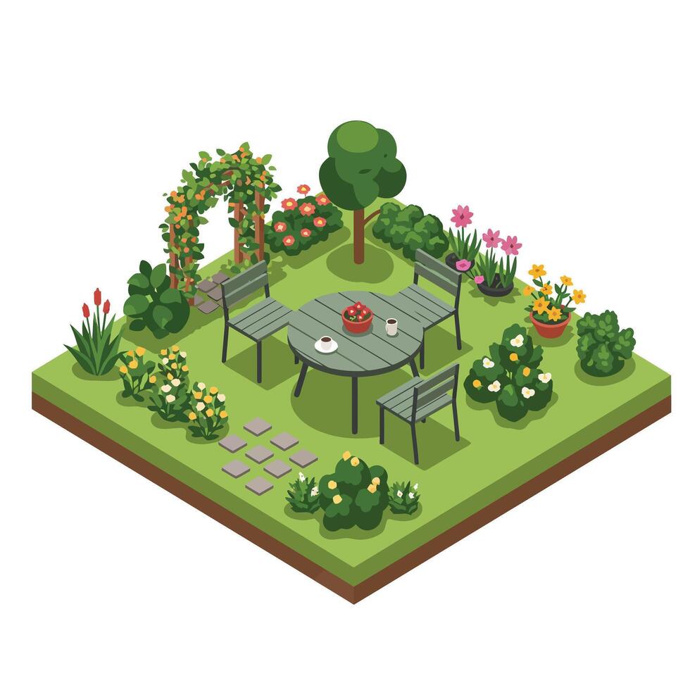 Cozy garden seating area with vibrant flowers and greenery in flat art vector